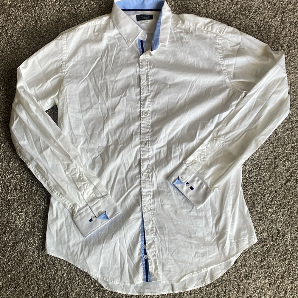 Zara Man White Button Down Long Sleeve Shirt Blue Cuffs, Men’s XL Slim Fit